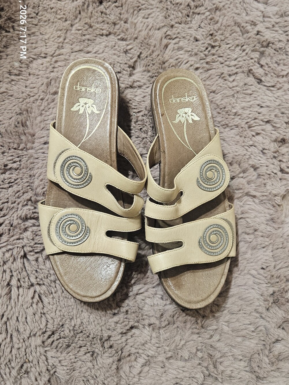 Dansko Beige Leather Slide Mules with Spiral Accents
